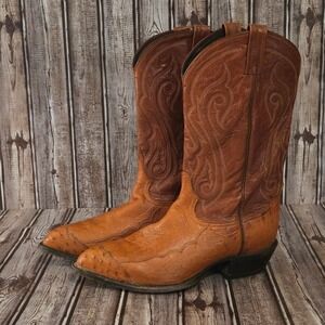 Sz 10.5 D Mens Tony Lama Ostrich Leg Western Cowboy Boots Brown Pointed Toe